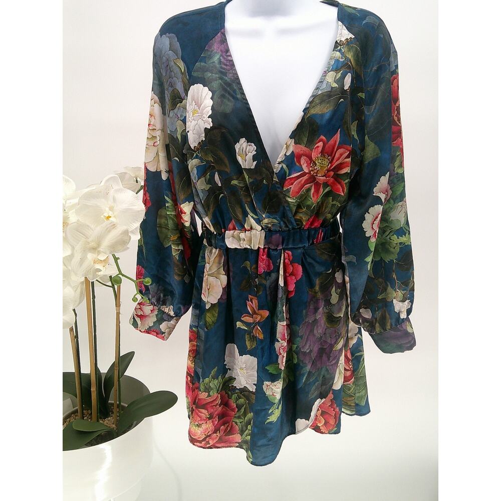 Zara Womens Blue Floral Satin Effect Foax Wrap Back Split Romper Playsuit Medium